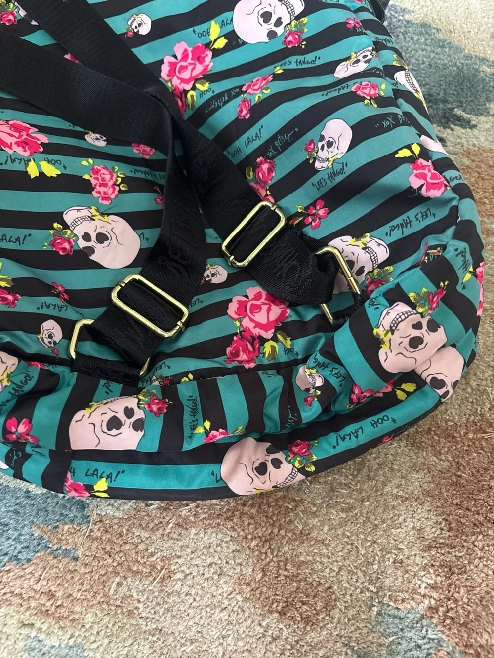 Betsey Johnson Teal & Black Striped Floral Skull Backpack PERFECT
